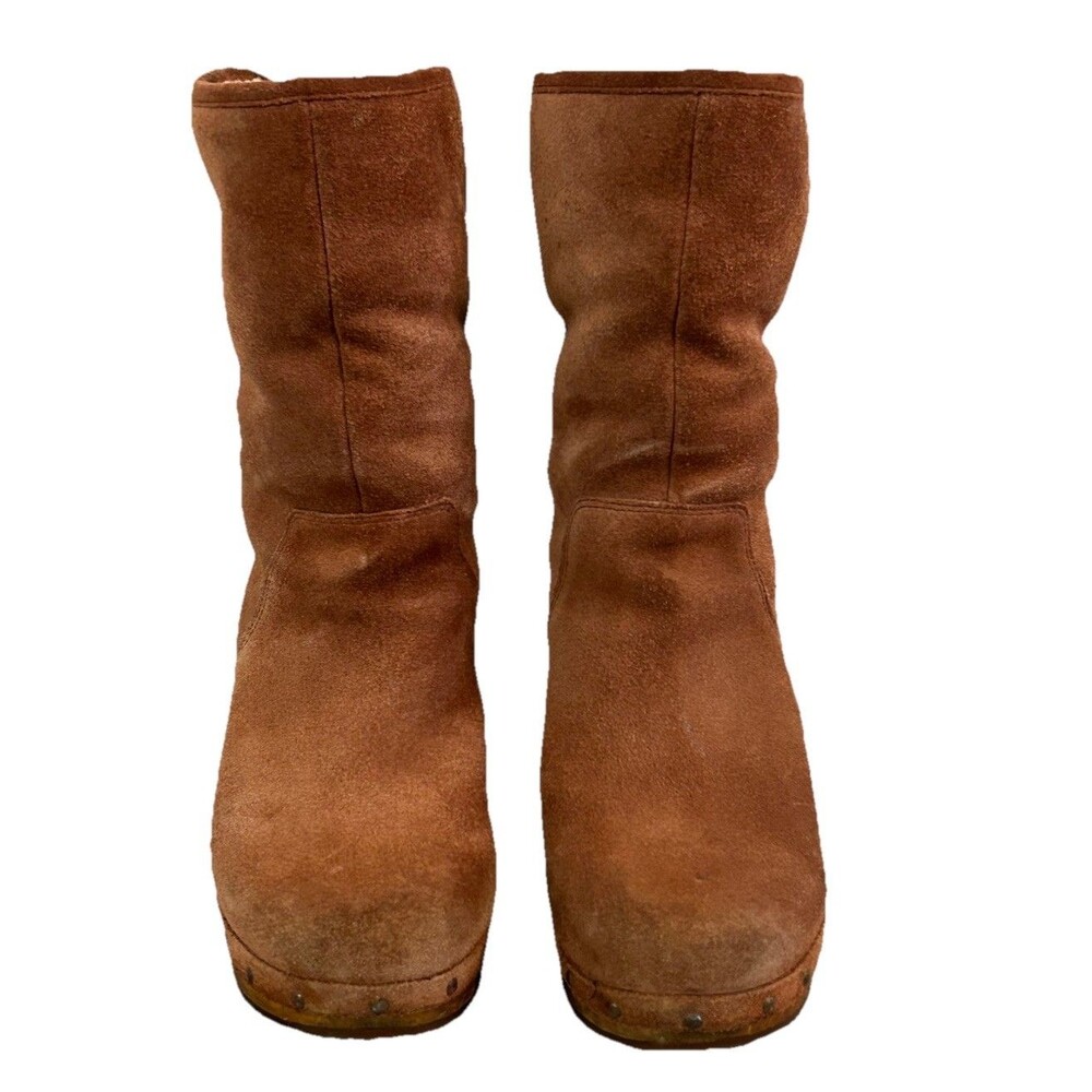 UGG Lynnea Brown Suede Shearling Ankle Clog Boots Wooden Heel S/N 3204 Women’s 6
